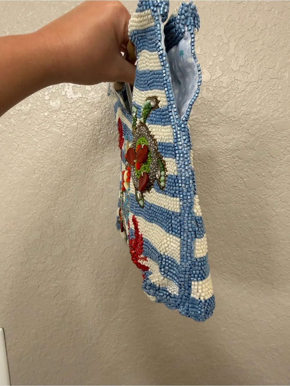 Viral Turtle & Crabs Blue White Striped Bamboo Handle Beaded Clutch - FIRM PRICE